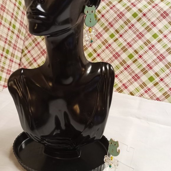 Home Made Handmade Wood & Metal Cat Green Button Earrings #45 - Picture 4 of 11